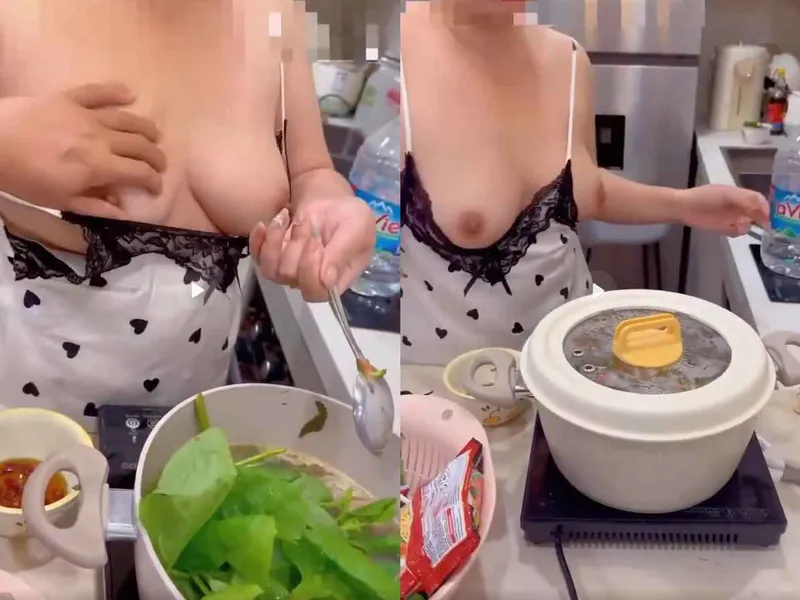 Chị vú đẹp đang nấu ăn mà anh cứ đòi sờ vú rồi chịch